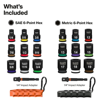 Klein Tools Grab-and-Go 80207 Impact Socket Set SAE and Metric 20 Pieces with Sleeves, Carabs, 3/8 Inch Drive, Colour Coded, 1/4-Inch to 3/4-Inch Sockets, 8 mm Sockets