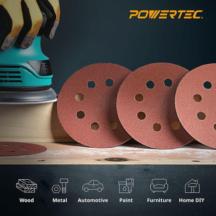 POWERTEC 100PK, 5 Inch 8 Hole Hook and Loop Sanding Discs, 320 Grit, Sandpaper for Random Orbital Sanders, 45032-P4