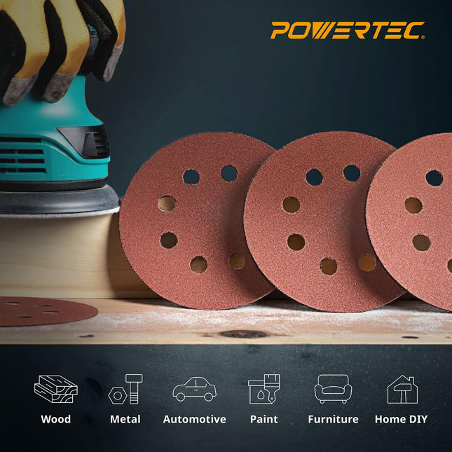 POWERTEC 100PK, discos de lijado de gancho y bucle de 5 pulgadas y 8 orificios, grano 320, papel de lija para lijadoras orbitales aleatorias, 45032-P4