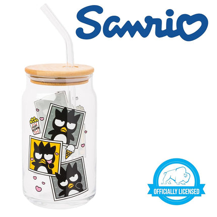 Silver Buffalo Sanrio Hello Kitty and Friends Badtz-Maru Polaroids Glass Jar Tumbler with Bamboo Lid and Glass Straw, 16 Ounces