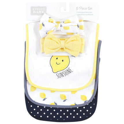 Hudson Baby Unisex Baby Cotton Bib and Headband or Caps Set, Navy Lemon, One Size