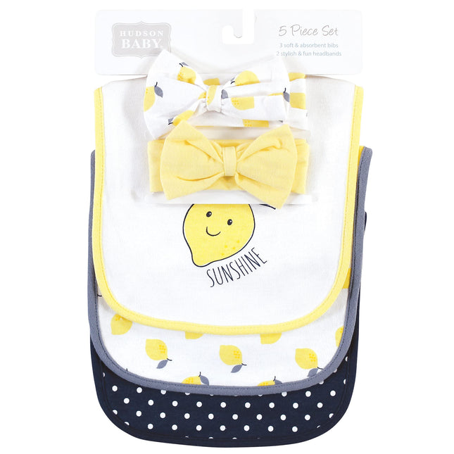 Hudson Baby Unisex Baby Cotton Bib and Headband or Caps Set, Navy Lemon, One Size