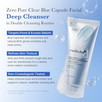 medicube Zero Pore SA Clear Blue Capsule Facial Cleanser for Skin Texture, Blackhead & Pore Care | AHA, BHA & PHA for Double Cleansing, Daily Gentle Face Wash, Korean Skincare | 120g / 4.23 oz
