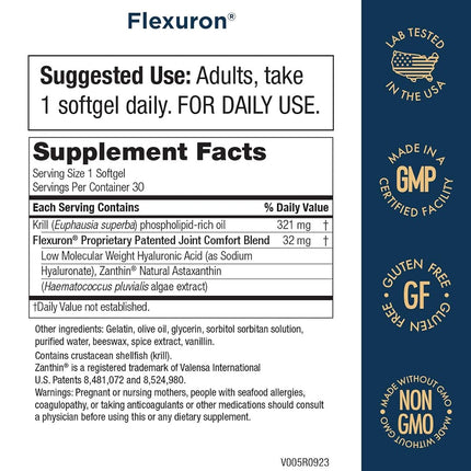 Flexuron Formule Articulaire par Purity Products - 3X Plus Efficace Que la Glucosamine et la Chondroïtine - Agit en Seulement 7 Jours - Huile de Krill, Acide Hyaluronique à Faible Poids Moléculaire, Astaxanthine - 30 Comprimés
