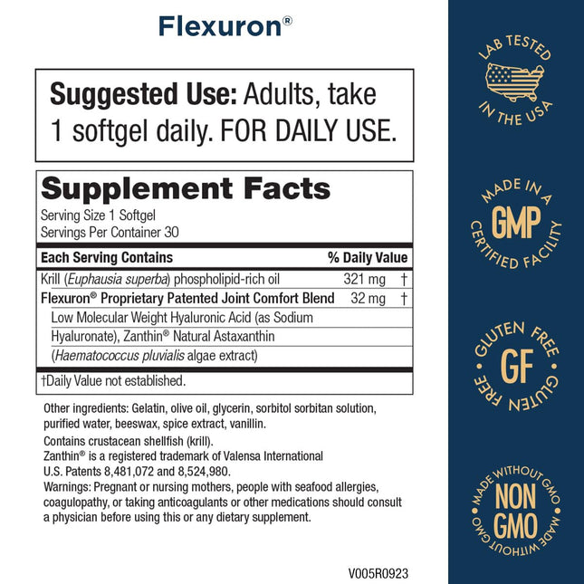 Flexuron Joint Formula by Purity Products - 3X Better Than Glucosamine and Chondroitin - Starts Working in just 7 Days - Krill Oil, Low Molecular Weight Hyaluronic Acid, Astaxanthin - 30 Count