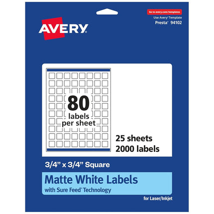 Avery Matte White Square Labels with Sure Feed, 3/4" x 3/4", 2,000 Matte White Printable Labels