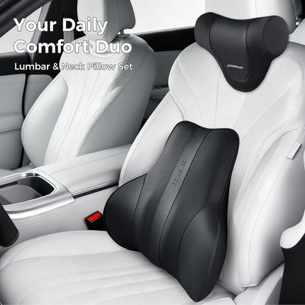 Coverado Lumbar Support Pillow for Car, Ergonomic Memory Foam Back Pillow for Office Chair, New Back Cushion for Pain Relief, PU Leather Car Lumbar Support for Driving Seat - BK