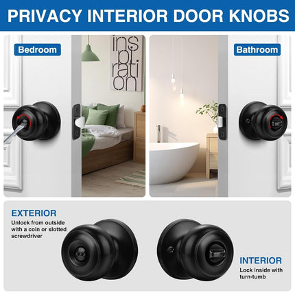 Sopoby Privacy Door Knob, 5 Pack Matte Black Round Keyless Doorknobs Interior/Exterior Lockset, Privacy Locking Door Knobs for Bedroom/Bathroom, Black Modern Design Door Hardware