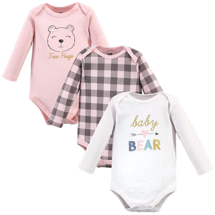 Hudson Baby Paquete de 3 bodys de algodón de manga larga para bebé, niña bebé oso, 3-6 meses