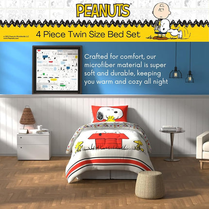 Franco Comforter and Sheet Set, Microfiber, Red-Peanuts-Snoopy, 4 Piece Twin Size