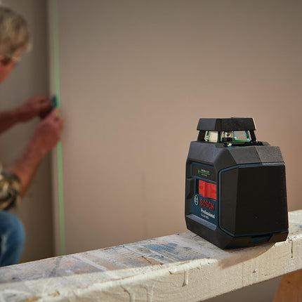 BOSCH GLL50-40G Green-Beam Self-Leveling 360 Degree Cross-Line Laser, Includes 4 AA Batteries, L-Bracket, Ceiling Clip, & Hard Carrying Case