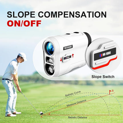 Télémètre de golf REVASRI avec pente et verrouillage de drapeau par vibration, interrupteur de pente externe pour la légalité en tournoi de golf, télémètres avec batterie rechargeable 1000YDS Télémètre laser