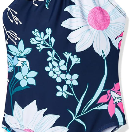 Traje de baño de una pieza con cuello halter de playa deportivo Jasmine para niñas de Kanu Surf, Paige Floral Navy, 2T