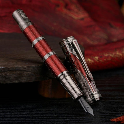 Hongdian D5X Fountain Pen Fine Nib Red Color Retro Chinese Totem Engraved Qin Dynasty Smooth Writing Pen with Converter and Pen Box Set