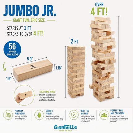 Giant Tumbling Timber Toy - Jumbo JR. Wooden Blocks Floor Game for Kids and Adults, 56 Pieces, Premium Pine Wood, Carry Bag - Grows to Over 5-feet While Playing, Life Size