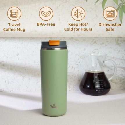 Konokyo Tumbler with Lid, 16 oz Travel Coffee Mug Double Wall Vacuum Stainless Steel Thermal Metal Cup Insulated Water Bottle,Soft Green