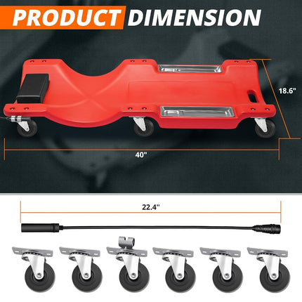 CAAP DRIVEN 40" Low-Profile Plastic Rolling Mechanic's Floor Creeper with Built-in LED Light, Cushioned Headrest, Dual-Compartment Tool Trays, and Casters CAAP-TOLS-CRP-T2-40-RD