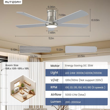 Autoday 52 Inch Ceiling Fans with Lights and Remote - Brushed Nickel Flush Mount Ceiling Fan with Light Low Profile, 6 Speeds, Quiet DC, 3CCT Dimmable, Indoor Outdoor Ceiling Fans for Patios Bedroom