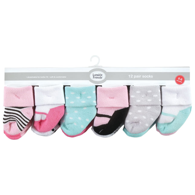 Luvable Friends Unisex Baby Newborn and Baby Terry Socks, Mint Pink Mary Janes 12-pack, Medium