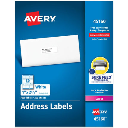 Avery Address Labels with Sure Feed for Laser Printers, 1" x 2-5/8", 7,500 Labels – Great for FBA Labels (45160),White