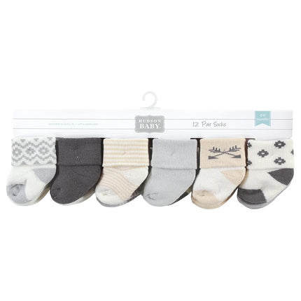 Hudson Baby Unisex Baby Cotton Rich Newborn and Terry Socks, Aztec, 0-6 Months, Aztec 12-pack, 0-6 Months