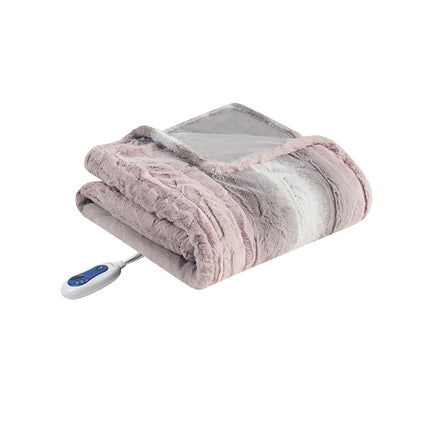 Couverture chauffante électrique réversible Beautyrest Zuri en fausse fourrure et vison, arrêt automatique, quasiment zéro champ électromagnétique, plusieurs réglages de chaleur, certifiée UL, lavable en machine, plaid 127x178 cm rose poudré/gris