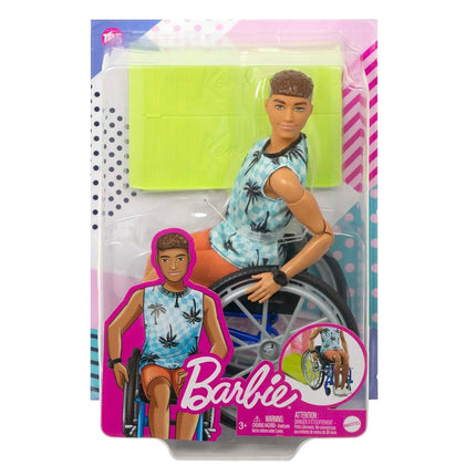 Barbie Ken Doll with Wheelchair & Ramp, Kids Toys, Barbie Fashionistas, Brunette with Beachy Tee and Orange Shorts, Clothes and Accessories
