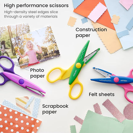 Arteza Kids Decorative Scissors, Set of 12 Different Patterns, 5.5 Inches, Craft Scissors with Patterns, School Supplies and Scrapbooking Supplies for Teachers, Students, and Hobbyists