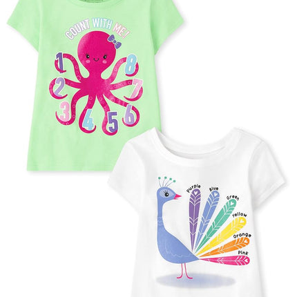 The Children's Place Girls Short Sleeve Graphic T-Shirt, Peacock/Count with Me, 2T