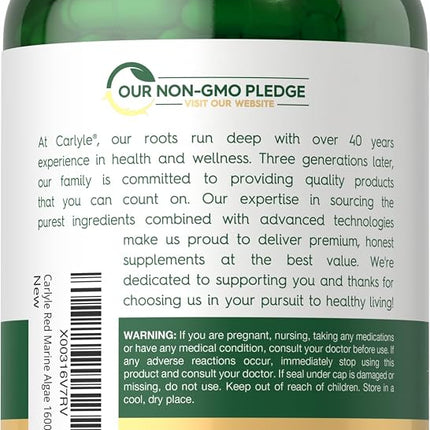 Red Marine Algae 1600mg | 200 Capsules | Vegetarian Supplement | Non-GMO, Gluten Free | by Carlyle