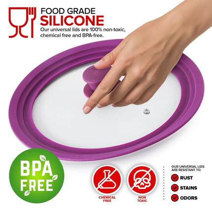 Modern Innovations Universal Lids (Set of 2) Fits 7 to 12-Inch Cookware, Silicone Replacement Pan Lid, Glass Top Covers for Skillets, Pots, Frying Pans, Cast Iron - Lavender