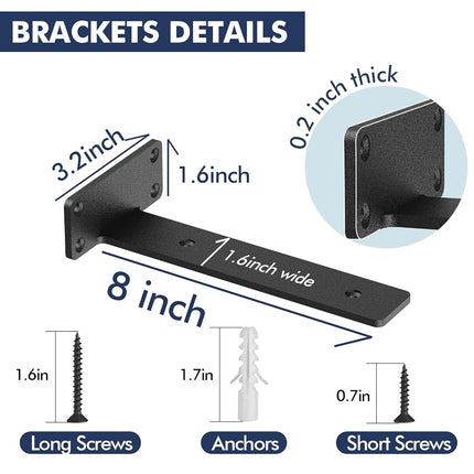 Starunder 8 Pack Floating Shelf Brackets, 8 Inch Heavy Duty Industrial Shelf Bracket, Black Metal L Brackets for Shelves Support DIY(1/5 Inch Thicked)