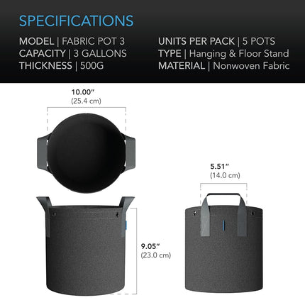 AC Infinity Heavy Duty Fabric Pots, 3 Gallon Aeration Grow Bags 5-Pack
