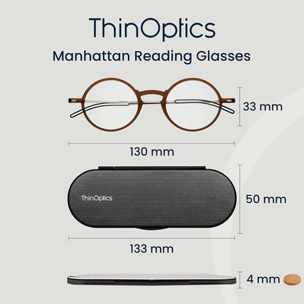 ThinOptics Reading Glasses 2.00, Brown Frame, 4mm Case, for Men and Women