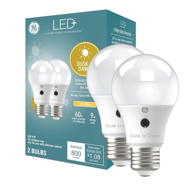 GE Lighting LED+ Dusk to Dawn LED Light Bulbs with Sunlight Sensors, Automatic On/Off Light Sensing Bulb, Soft White, A19 Bulbs (2 Pack)