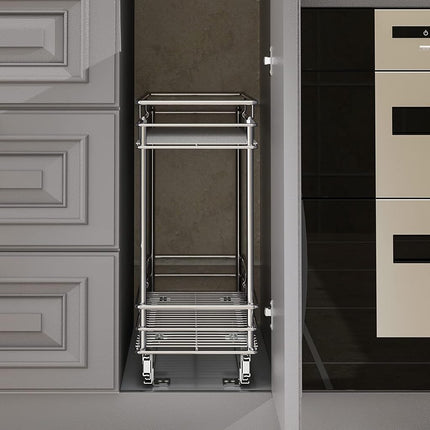 LOVMOR Pull Out Cabinet Organizer and Storage (5" W x 21" D) 2-Tier Pull Out Shelf Storage for Kitchen Base Cabinet Silver(5" W x 21" D, Silver, Roll on Top)