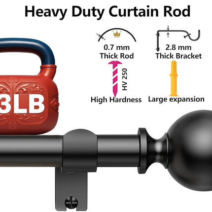 Curtain Rods 235 cm for Window 213 cm, Adjustable Length Heavy Duty Diameter 2.2 cm, Ball Finials Black