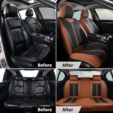 FLORICH Fundas de asiento, juego completo de fundas de asiento marrones, impermeables, cojín de asiento de cuero para automóvil, protector de asiento de automóvil, ajuste universal para la mayoría de automóviles, camiones, SUV, marrón y negro