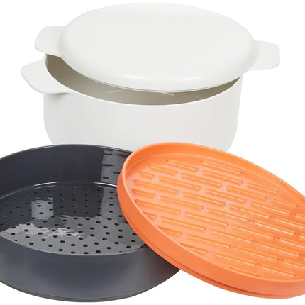 Joseph Joseph M-Cuisine Microwave 4-Piece Stackable Cooking Set, 2 litre cooking pot, steamer, griddle and lid, Orange/Beige