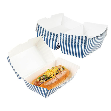 Bio Tek 6.7 x 3.5 x 3.5 Inch Clamshell Food Containers, 100 Disposable Sandwich Containers - Hinged Lid, Tab-Lock Closure, Blue And White Paper Hot Dog Containers, Greaseproof - Restaurantware