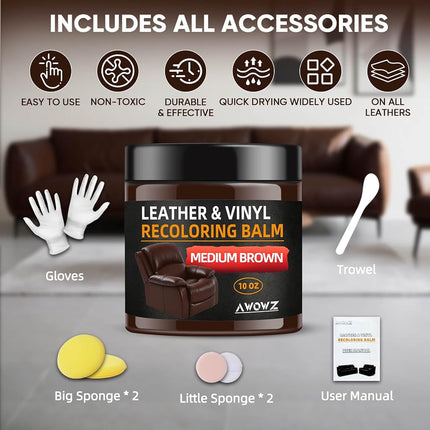 Leather Recoloring Balm 10 OZ Medium Brown for Car Seats, Couch & Furniture