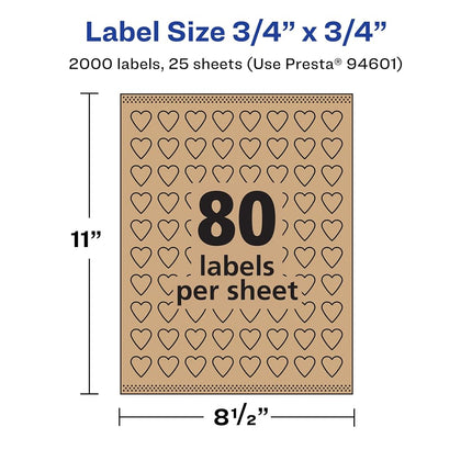 Avery Kraft Brown Heart Labels with Sure Feed, 75" x .75", 2,000 Kraft Brown Labels, Print-to-The-Edge, Laser/Inkjet Printable Labels