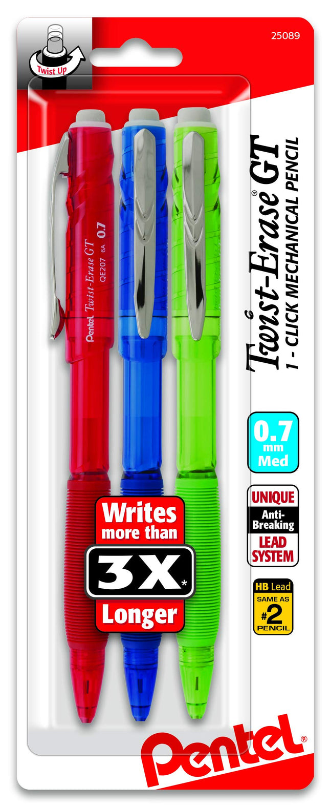 Pentel Twist-Erase GT (0.7mm) Mechanical Pencil, Assorted Barrel Colors, Color May Vary, (QE207BP3M)