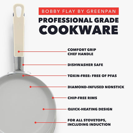 Poêle à frire antiadhésive GreenPan x Bobby Flay 8 po, en céramique diamant sans PFAS, compatible induction, poignée en silicone froide au toucher, facile à nettoyer au lave-vaisselle et au four, poêle à œufs et omelettes, crème