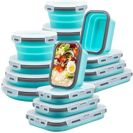 Lunememo Paquete de 16 Contenedores Plegables de Silicona para Alimentos con Tapas, Aptos para Congelador y Lavavajillas, Fiambrera Plegable para Campistas, Sobras, Aperitivos, Comidas, Azul