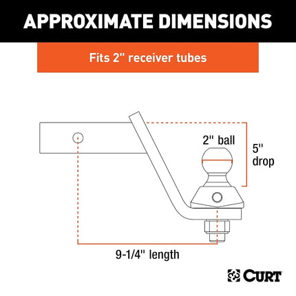 CURT 45144 RockerBall Cushion Hitch Ball Mount, 7,500 lbs 2-Inch Diameter, 2-in Shank, 5" Drop, Anti-Rattle Pin