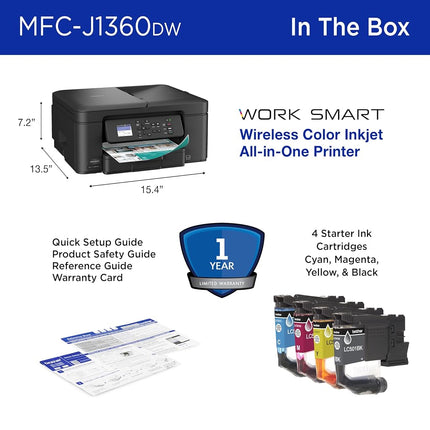 Brother Work Smart 1360 Wireless Color Inkjet All-in-One Printer with Automatic Duplex Printing and 1.8” Color Display | Includes Refresh Subscription Trial(1) (MFC-J1360DW)