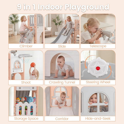 OLAKIDS Toddler Slide, 9 in 1 Kids Indoor Outdoor Playground with Climber Basketball Hoop Telescope Tunnel Corridor Toy Storage Steering Wheel for Boys Girls Aged 1+