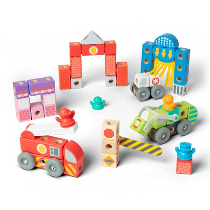 Melissa & Doug Blockables™ Deluxe City Snap and Play, Mix and Match Connectable Wooden Building Blocks Set with Storage Bin and Play Lid (122 Pcs) Ages 2 to 7- FSC Certified