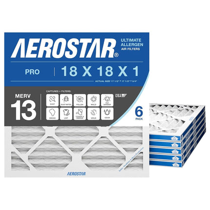 Aerostar 18x18x1 MERV 13 Pleated Air Filter, AC Furnace Air Filter, 6 Pack (Actual Size: 17 3/4" x 17 3/4" x 3/4")